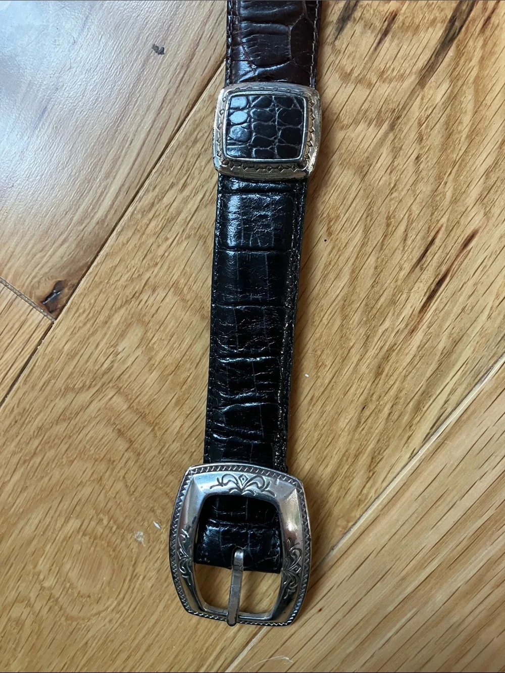 Brighton Black Croc-Embossed Leather Belt with Silver Buckle and details